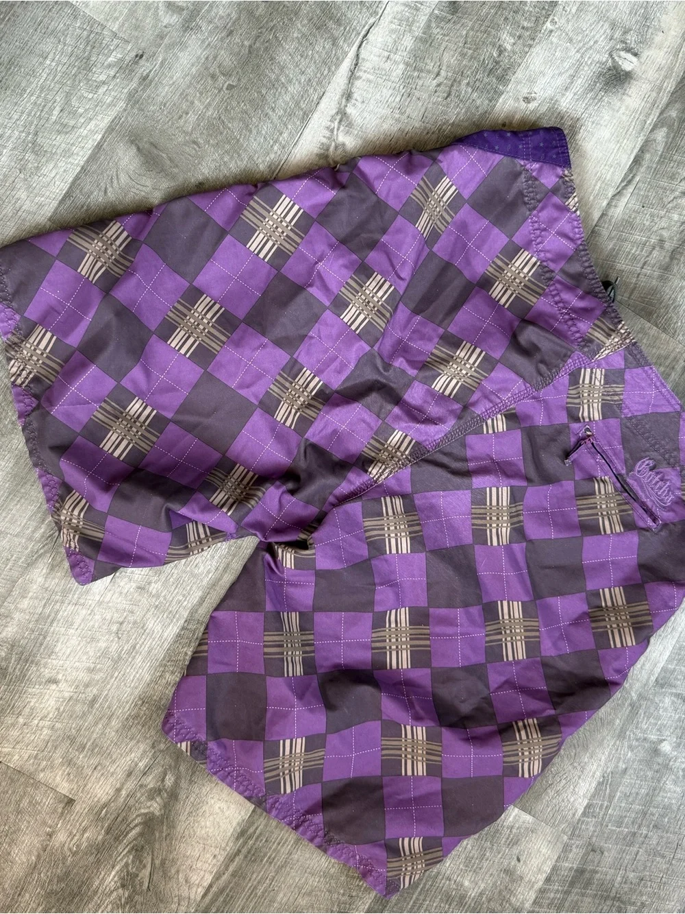Purple Checkered Men’s Board Shorts with Side Panels